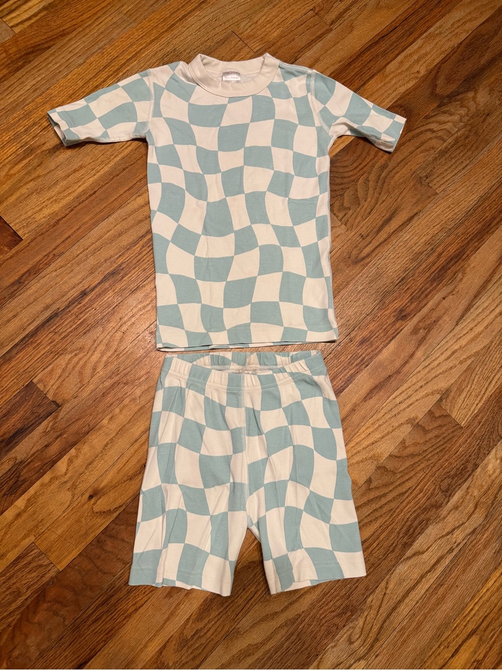 Hanna Andersson Light Blue and Cream Checker Short Sleeve Pajama Set